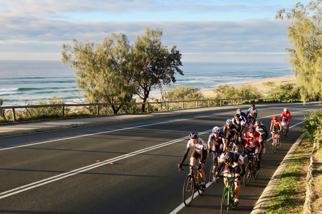 Riders make their way along the David Low Way south of Noosa, one of the region's 'must ride' roads. Image: Nat Bromhead.