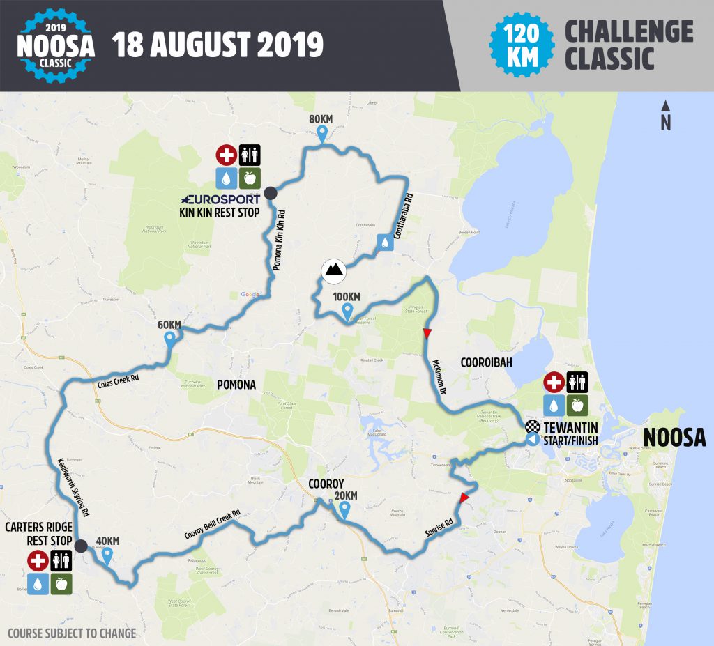 2019 Noosa Classic. Course Map for the 120km Challenge Classic.
